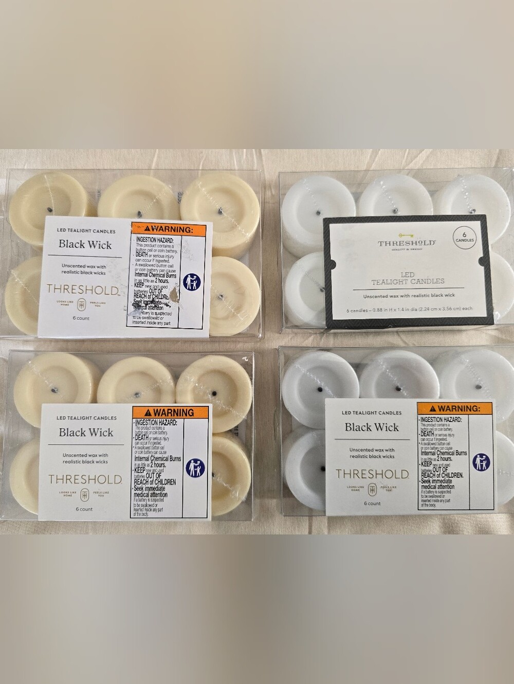 Lot of 4 Threshold LED Tealight Flameless Candles 2 White 2 Cream Black Wick NIB